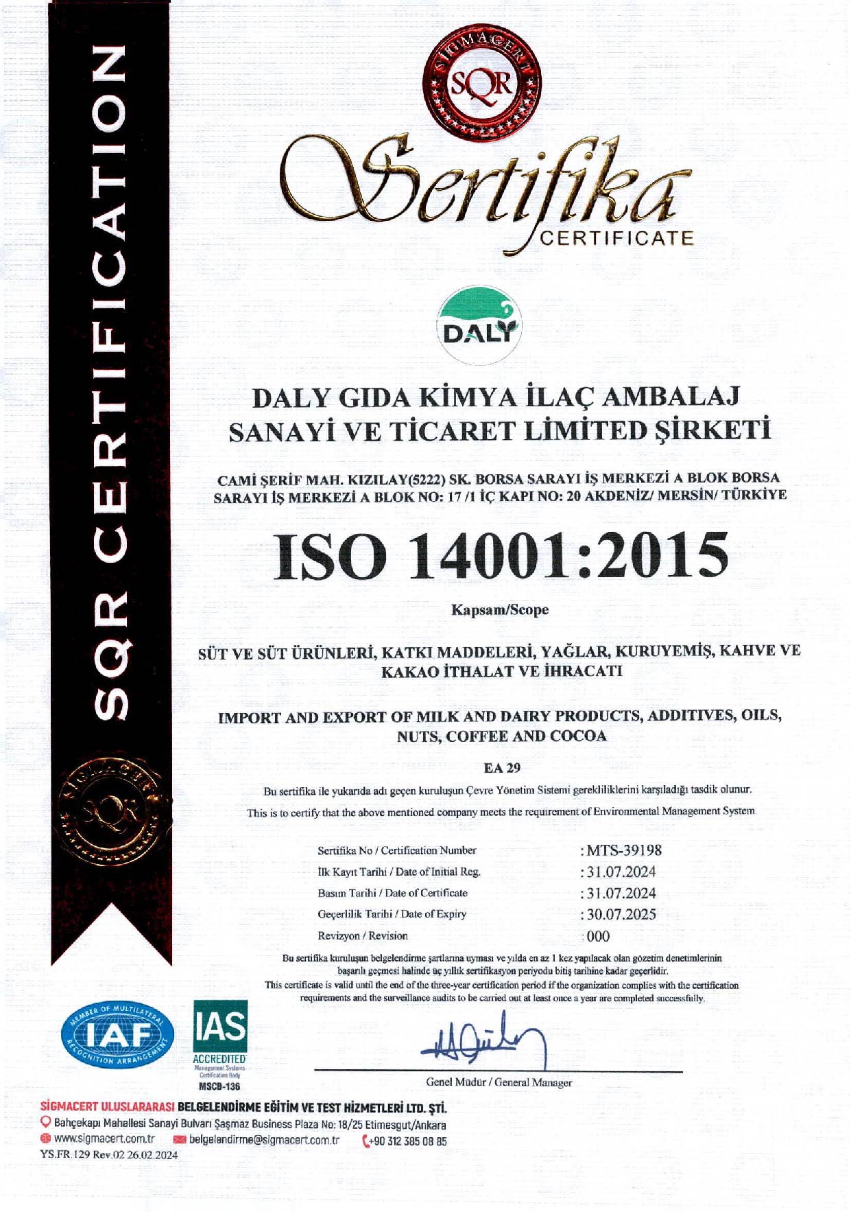 ISO 14001:2015 Certificate